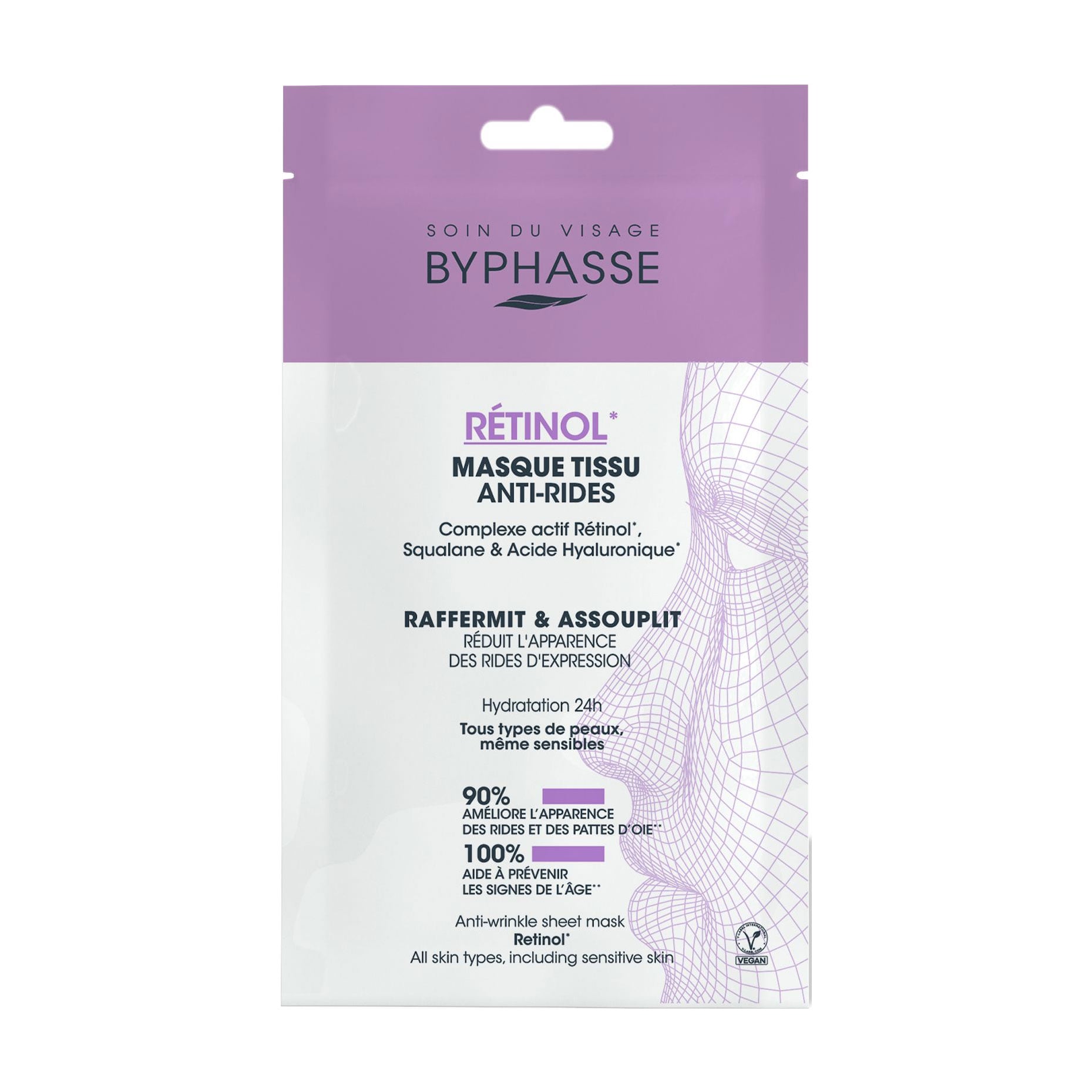 Тканинна маска для обличчя Byphasse Anti-Rides Retinol Raffermit &amp; Assouplit Anti-Wrinkle Sheet Mask з ретинолом, 18 мл